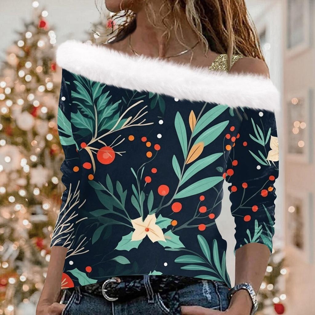 Women's Christmas Snowflake Print Long Sleeve Twill Pullover Collar Top