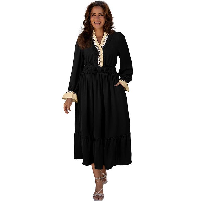 2025 Autumn/Winter Women s High-Waisted Leopard Print Ruffled Sleeve Dress S