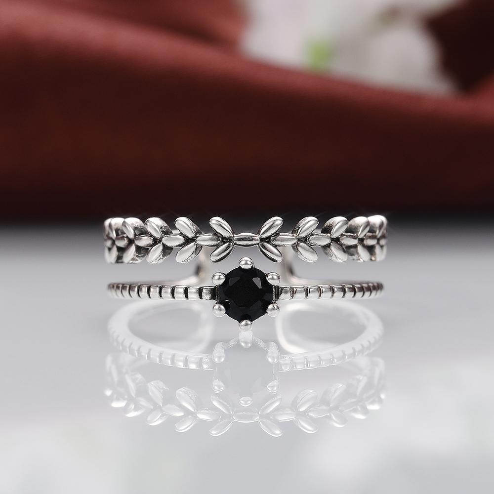 Antique Silver Color Vintage Adjustable Rings for Women Branch Black Stone Double Layer Opening Rings Fancy Girls Jewelry