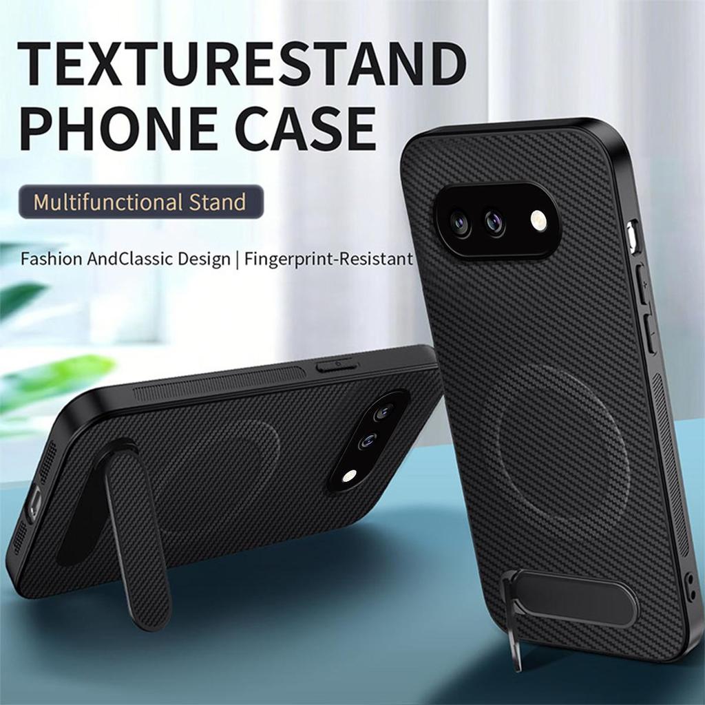 Carbon Fiber Texture TPU Phone Case for Google Pixel 9A Multi‑Angle Kickstand Soft Protective Cover