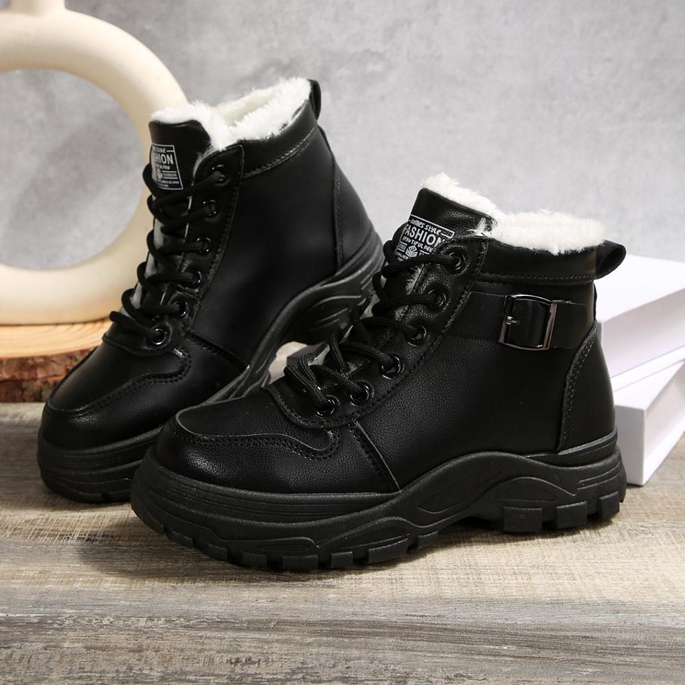 

Жіночі шкіряні водонепроникні снігові черевики на шнурівці спереду, на товстій підошві, теплі, повсякденні черевики-мартін, низькі 38 чорний