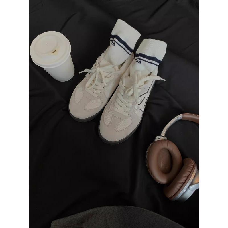 Cowhide version of color matching breathable round head lace-up thick sole heightening women's leisure sports board shoes