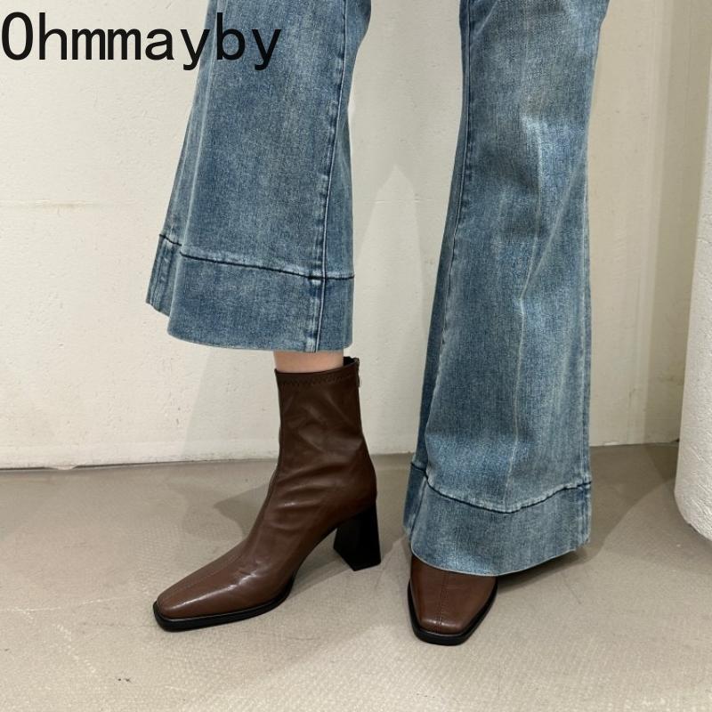 Vintage Square Toe Dick Absatz Damen Stiefelette Mode Square Toe Damen Elastische Schlanke Kurze Stiefeletten Herbst Winter Damen Schuhe