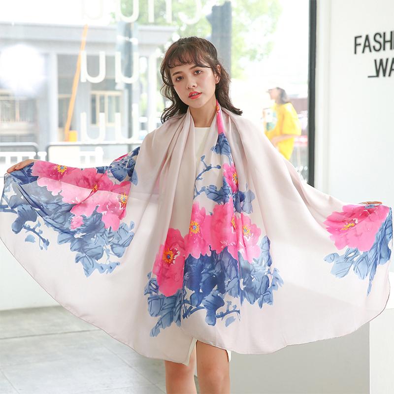 High Quality Elegant Women Silk Scarf Sarong Beach Wrap Long Shawl Satin Floral Print Bandana Hijab Mujer Scarve Foulard Pareo