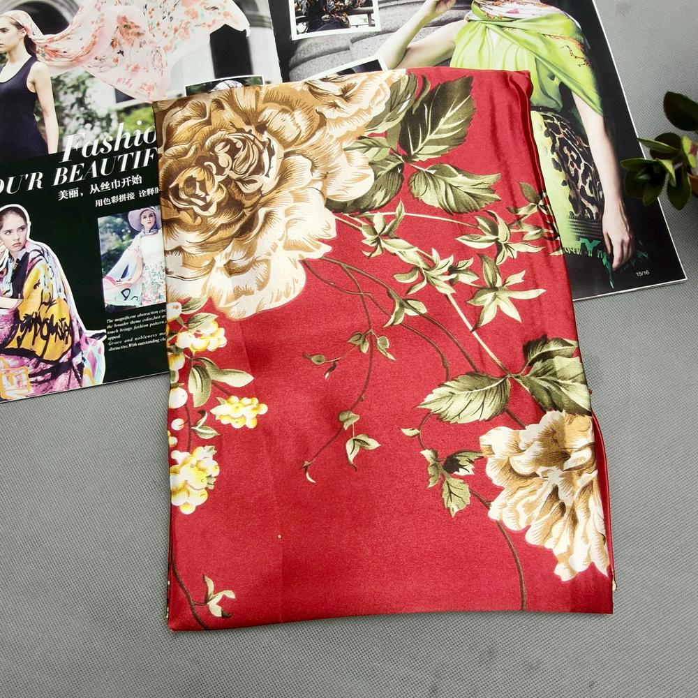 Women's Red Silk Scarf Head Wrap Fashion Chinese Style Peony Square Scarves Shawls 90*90cm Spring Autumn Head Scarf For Hair