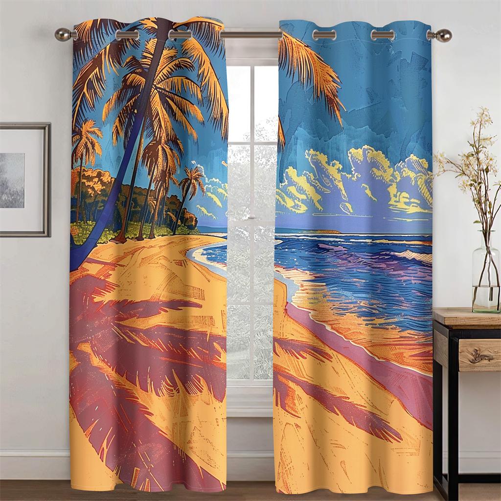 

3D Пальма Морское побережье Ретро Вид на море Шторы Пляж Закат Гостиная Спальня Кухня Балкон Декор Новые товары Акция 2 шт 50W130H(CM)X2PCS&Hook