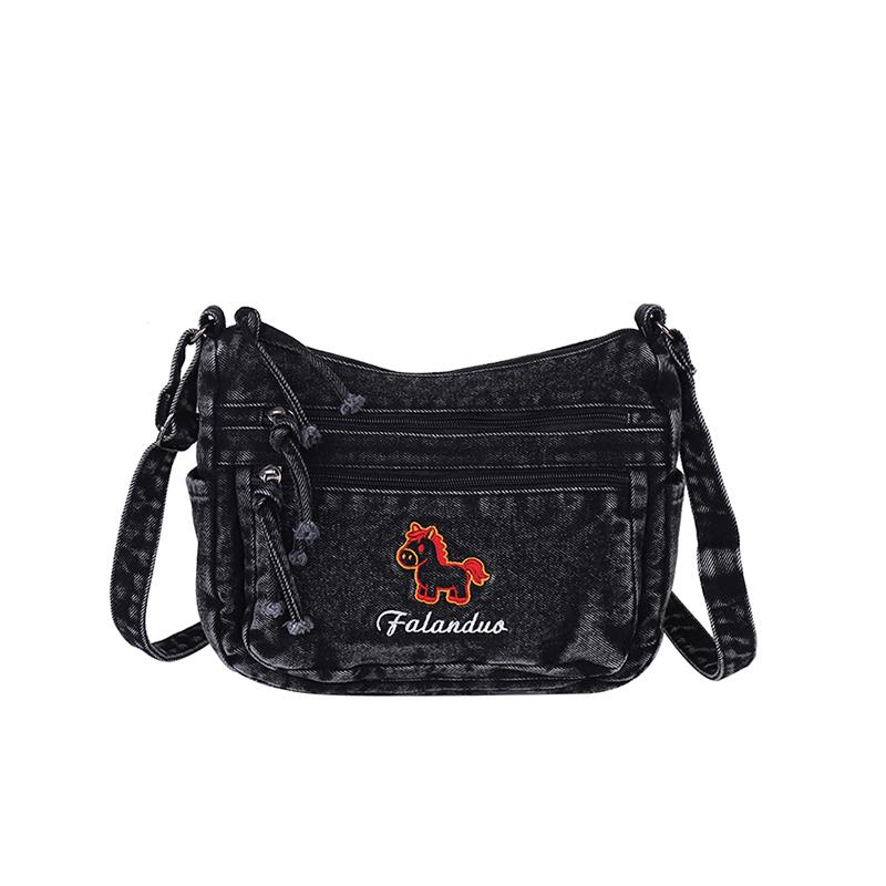 

Cute Horse Embroidered Denim Crossbody Bag Multi Pocket Casual Shoulder Bag for Women чорний