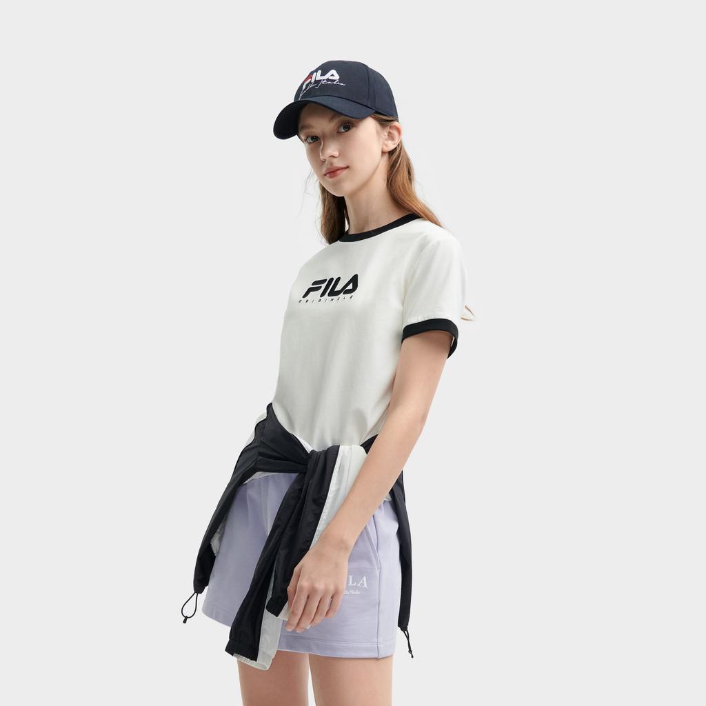 FILA Original Letter Logo Print Round Neck Pullover T-Shirt Women tops Cloud-White F11W429113FWT