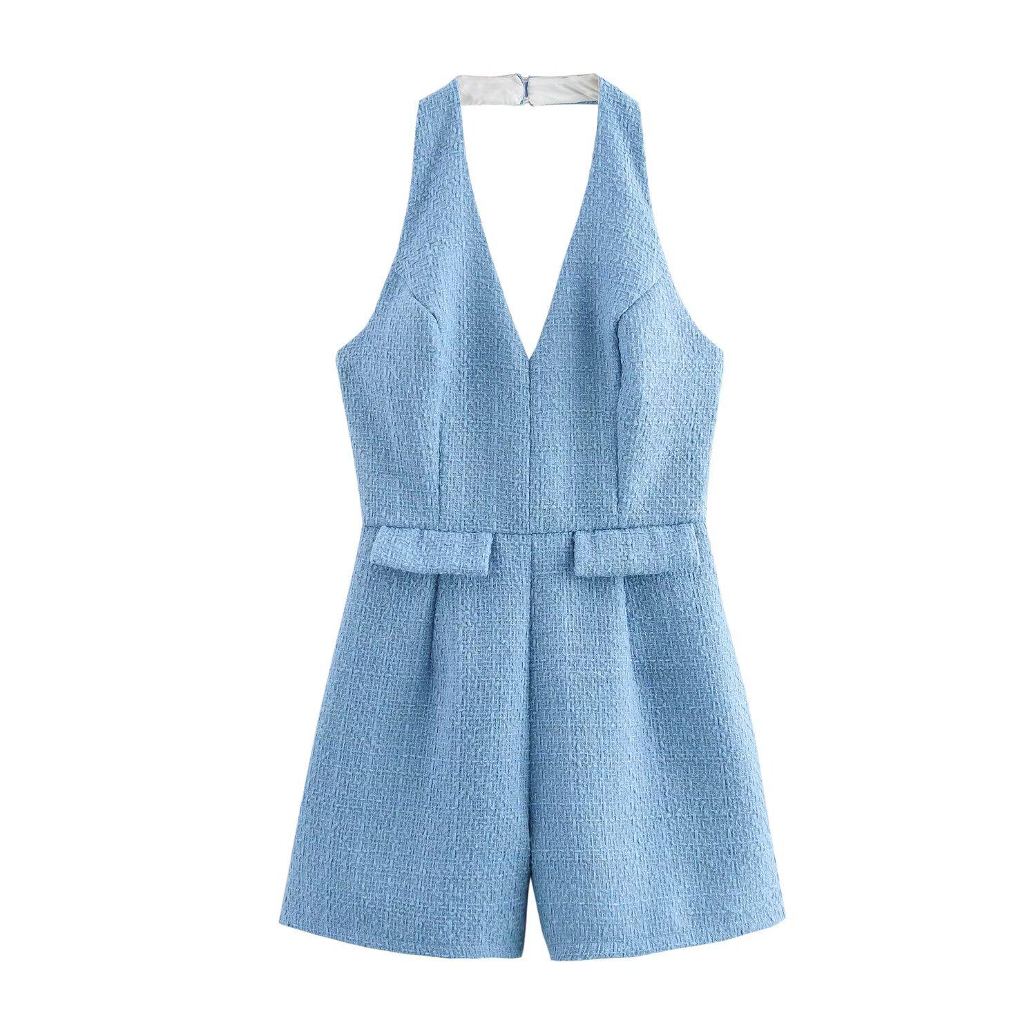 

2025 Весна Женский Европейский и Американский Стиль Модный Буклированный Комбинезон Халтер XS синий