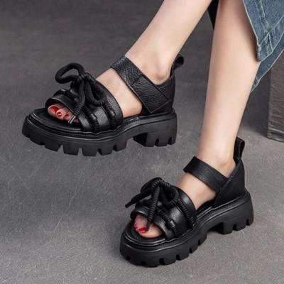 Çok Yönlü Peep Toe Cırtlı Sandalet Retro Hakiki Deri Kalın Tabanlı Kadın Ayakkabı