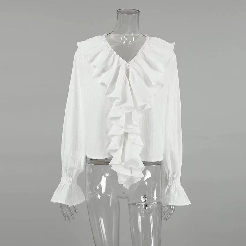 

Западный стиль Мода Сексуальная V-образный вырез Рукав с приспущенным плечом Ретро Рубашки с оборками V-образный вырез Рубашка с рукавами-лепестками White L