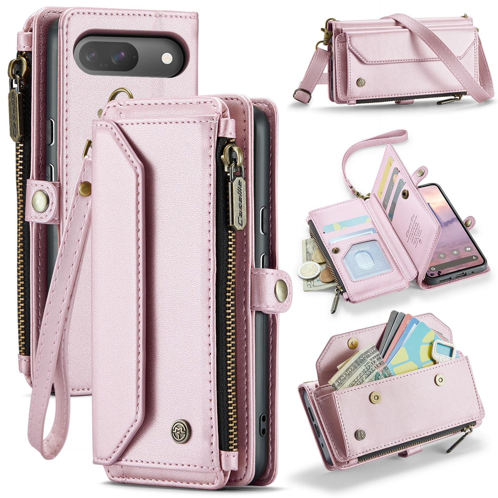 

For Google Pixel 10 Pro/10/9 Pro/9 Leather Case CASEME C36 Zipper Multiple Card Slots Phone Cover with Straps Pink