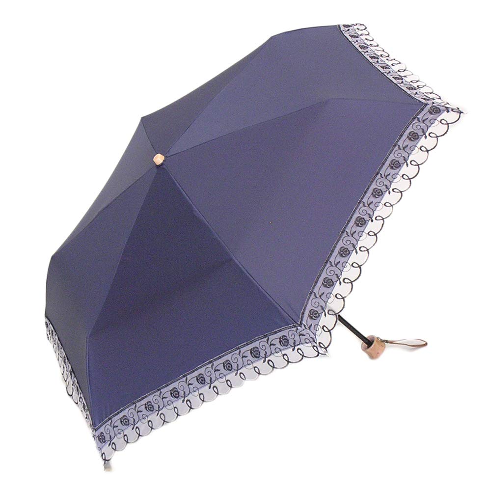 Genuine Umbrella Works Folding Umbrella with Organza Six Easy Opening Lace, Navy, Ribs, Lightweight,