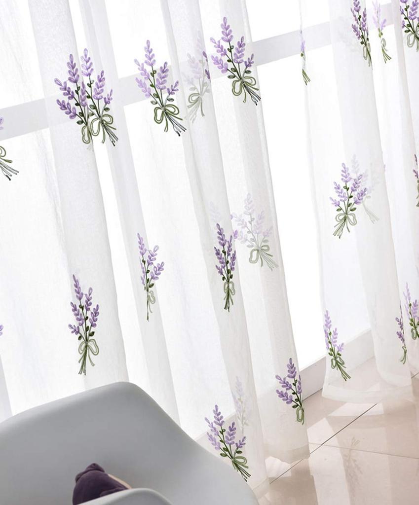 Rusztikus Hímzett Csipkefüggönyök Lila Levendula Virágos Ablaktüll Szobaelválasztó Függönyök Kis Nappaliba Könnyű 100 cm Széles x 178 cm Hosszú Készlet