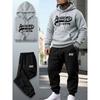 Retro Letter Printed Hooded Sweatshirt Set with Drawstring Sweatpants Two Piece Set for Men's Street Casual Sports Suit Trendy
