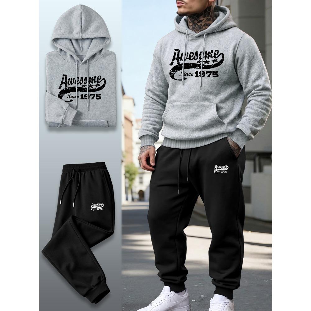 Retro Letter Printed Hooded Sweatshirt Set with Drawstring Sweatpants Two Piece Set for Men's Street Casual Sports Suit Trendy