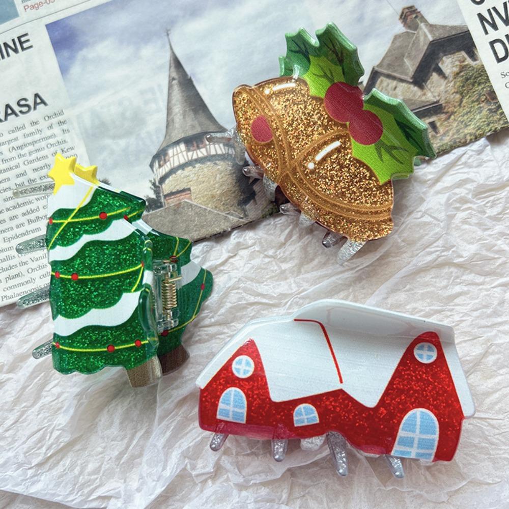 Glitter Christmas Tree Hair Claw Acrylic Cartoon Hair Grab Clip Santa Claus Shark Clip Festival