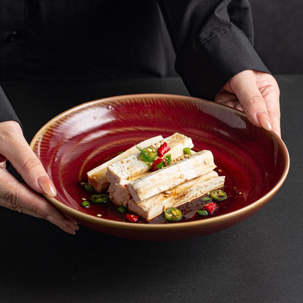 Japanese Ceramic Deep Plate Retro Dinner Plate Round Plate Household Dish Plate High Value Soup Plate Restaurant Pasta Plate Salad Plate