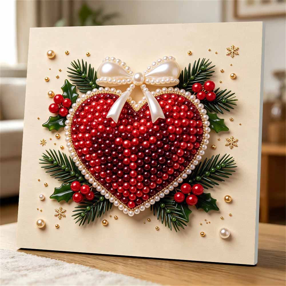 Premium Framed Pearl Art Kit with Christmas Heart Bow Pattern 5D Sparkling Bead Canvas DIY Relaxing Craft for Home Wall Decor Gift
