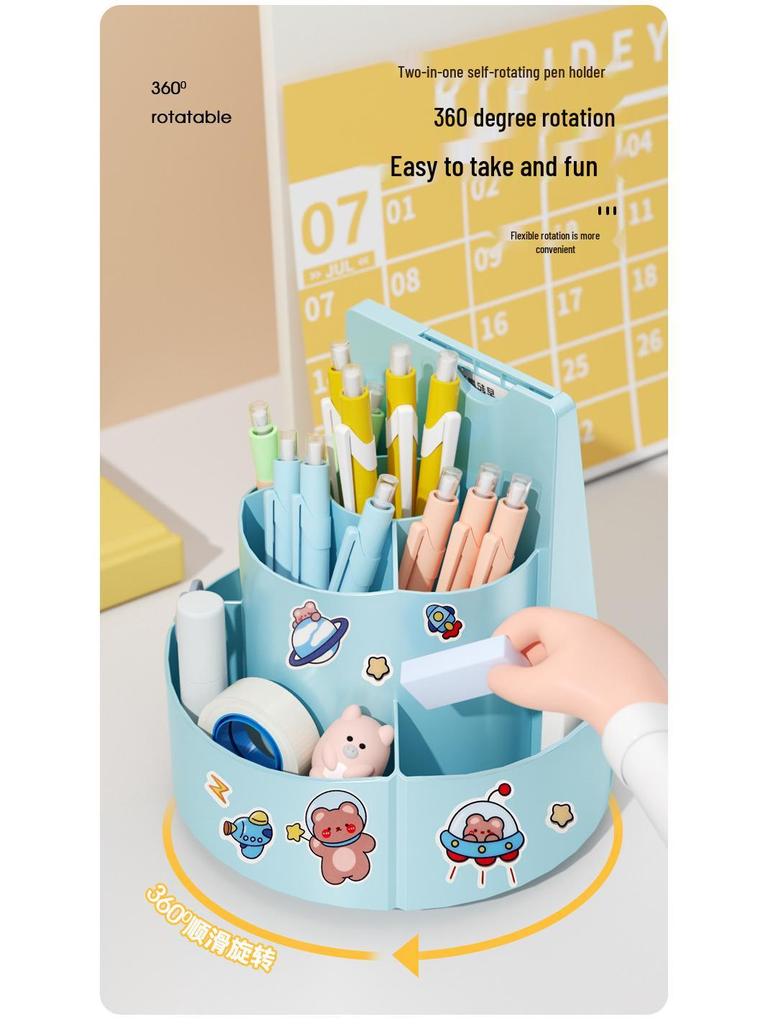 Rotating Pen Holder & Desktop Clock Organizer for Students and Offices