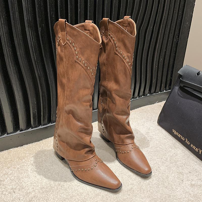 

Лицарські чоботи весна та осінь довга халява гострий підбор під штани ретро ковбойські чоботи смажена вулиця жіночі нові західні міністерські модні чоботи 40 коричневий