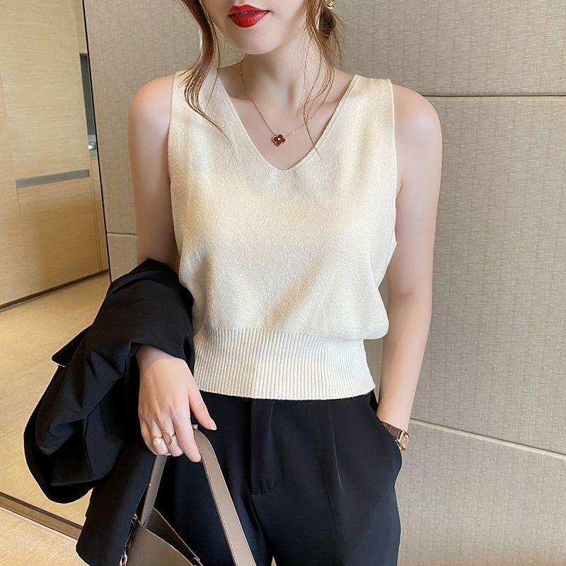 

Qu Zhu Ice Silk Camisole Women2023Летний новый костюм Внутренняя одеждаВязаная нижняя рубашка с воротником и топами