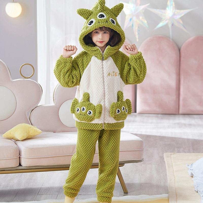 Kids Flannel Pajamas Set Boys Girls Warm Long Sleeve Top And Pants Sleepwear Winter Home Nightwear