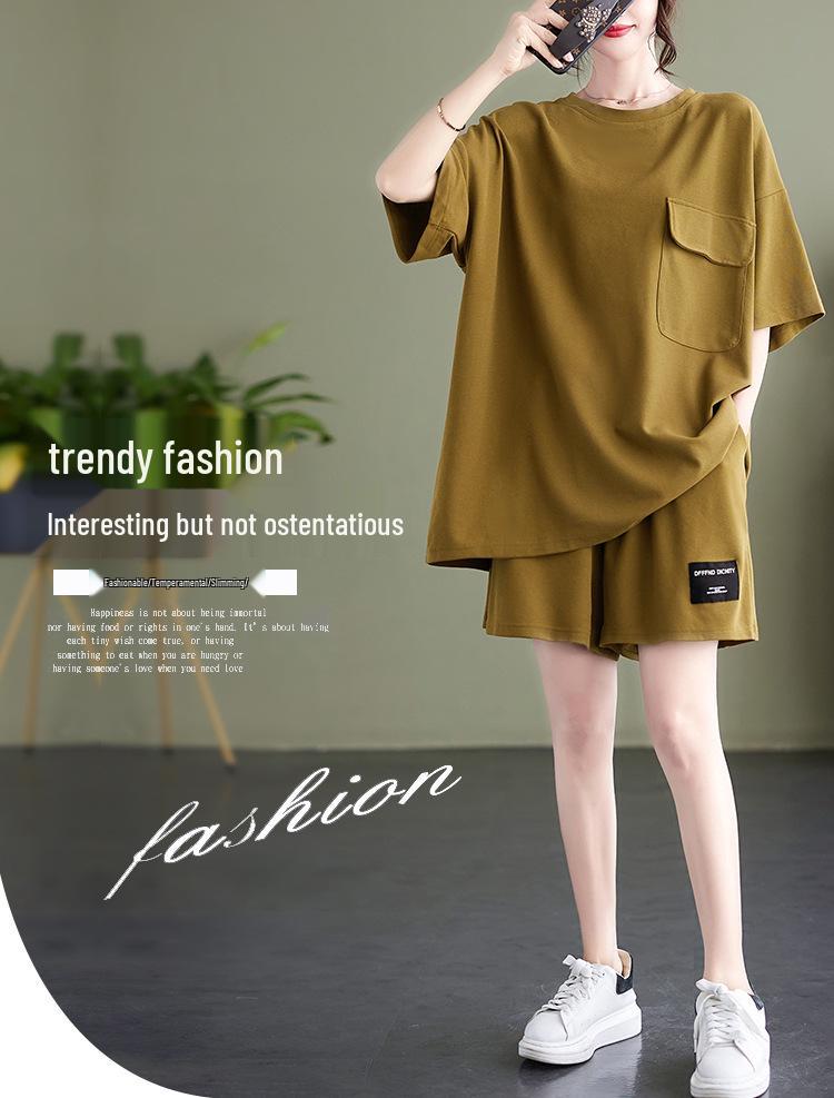 Women's Fashionable European Style Short-Sleeved Two-Piece Suits with Pockets, Plus-Size, Slimming Shorts, Casual Design.