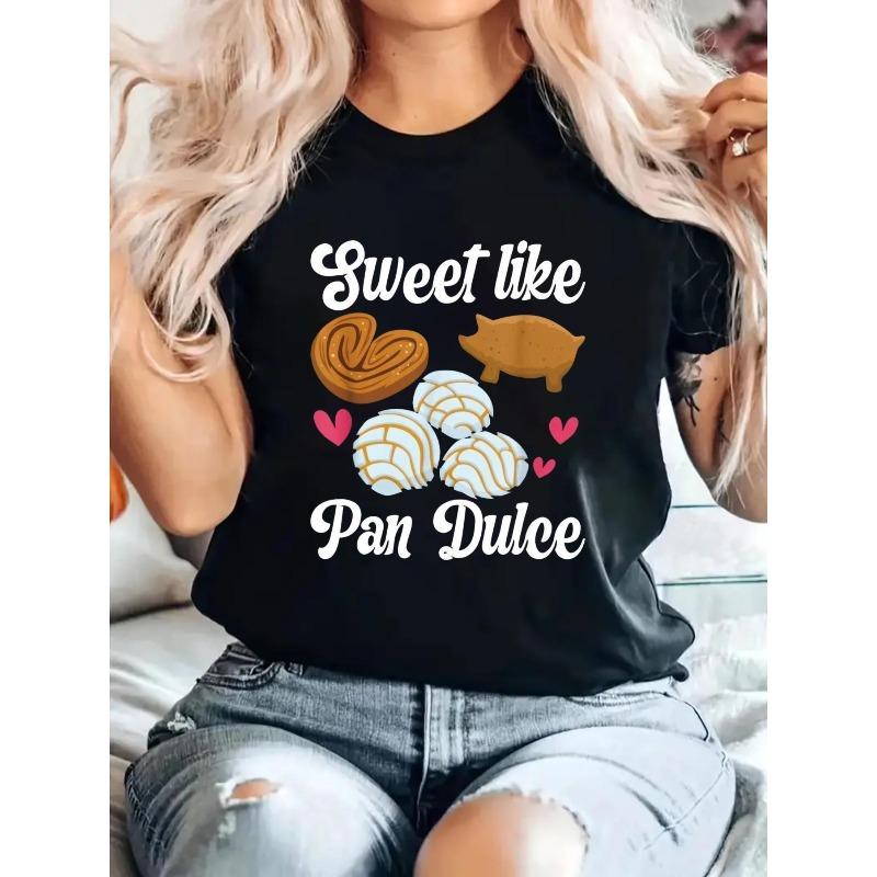 

Womens Sweet Like Pan Dulce Graphic Tee Mexican Concha Pastry Hearts Print Casual Round Neck Short Sleeve All Season Top S чёрный