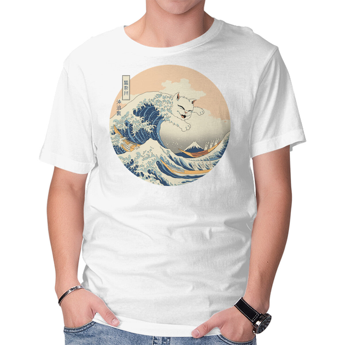 Unisex Crew Neck T-Shirt The Great Cat-nagawa Graphic Short Sleeve Casual Tee XXL