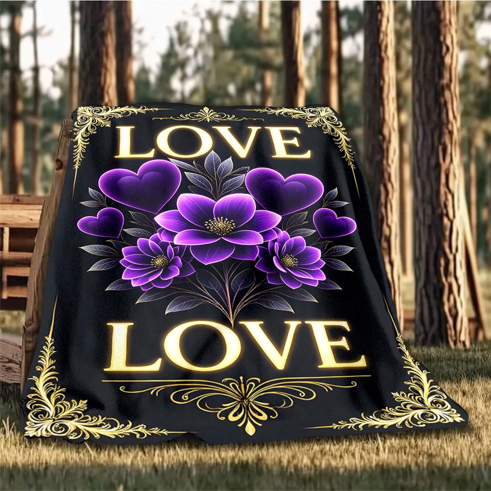 1pc Purple Flowers Love Throw Blanket Polyester Fiber, Lightweight Flannel, Soft & Warm, All Season Use for Outdoor, Camping