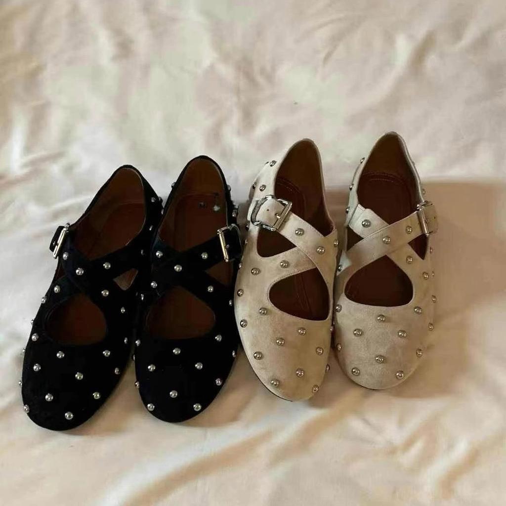 Leder Koreanische Version Niete Rundkopf Kreuzschnalle mit Mary Jane Einzelschuhen Damen 2025 Frühling und Sommer neue Ballerinas