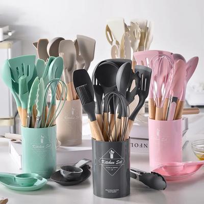 12Pcs Silicone Cooking Utensils Wooden Handle Kitchen Tool