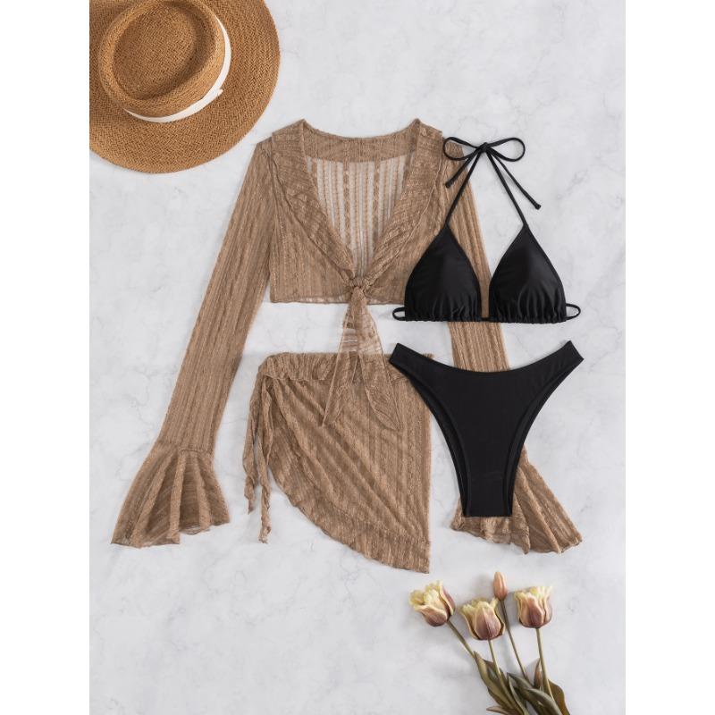 Neues Europäisches und Amerikanisches Einfarbiges Netz Langarm Bluse Badeanzug Strand Bikini Geteilter Badeanzug Damen Vier-teiliges Set