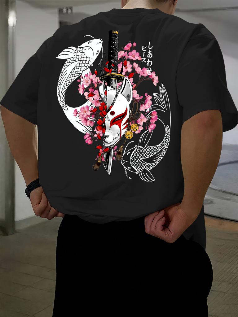 Printed Tshirt For Unisex New Summer Fashion Japanese Koi Fox Mask Katana Cherry Blossom Printed Tee Machine Washable Sxxl