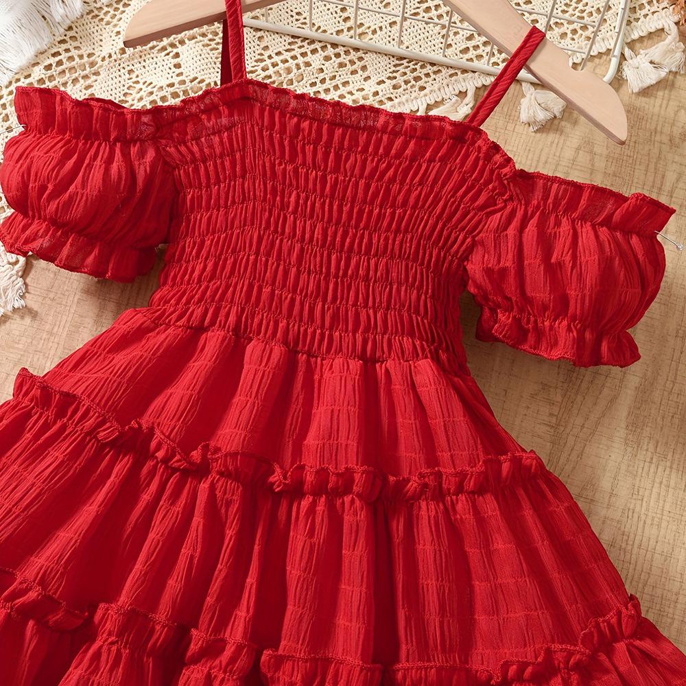 Girls' Dress Summer Off-shoulder Solid Color Children Princess Dress Girl Suspender Dresses for 2-8 Years Old