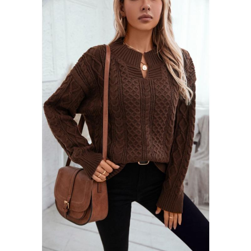 Solid Color Cable Knit V Neck Loose Long Sleeve Retro Knit Sweater For Women