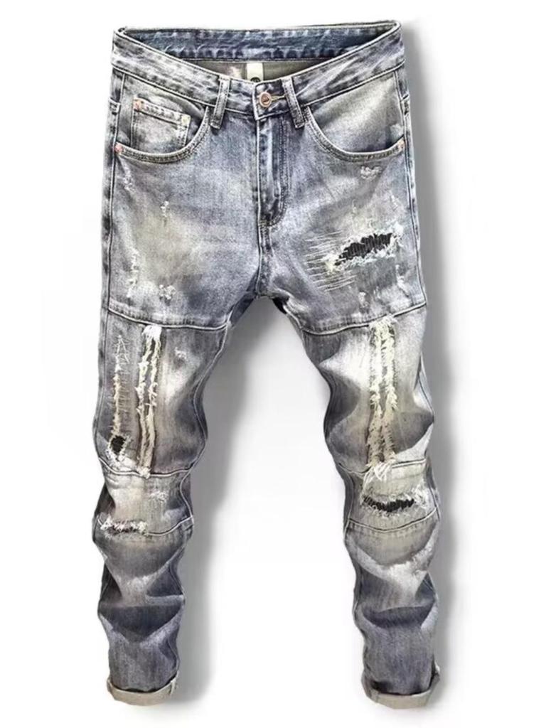 Men's Trendy Slim-Fit Ripped Skinny Jeans with Elastic Fabric and Stitched Patches
