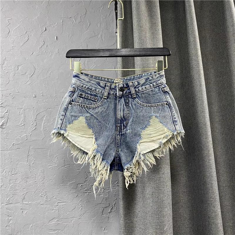 

Vintage Low Rise Denim Shorts with Fringe & Ripped Pockets M