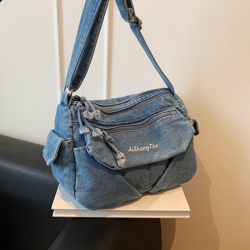 Women Denim Shoulder Bag Vintage Large Capacity Casual Tote Handbag with Multiple Pockets