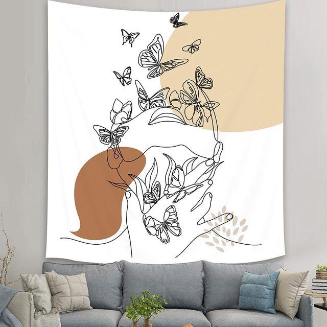 Abstract Woman Tapestry Aesthetic Boho Home Decor Butterfly Fabric Wall Hanging Modern Flower Plant Bedroom Office Decoration