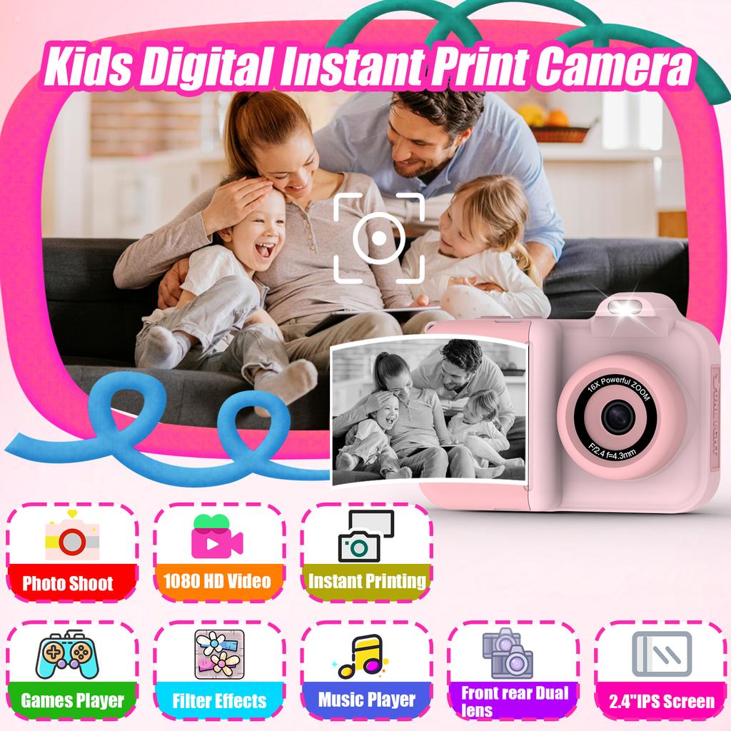 Instant Print Camera For Kids Mini Digital Video Camera Dual Lens Photo Printing Thermal Paper Toys Camera Boys Girls Gifts