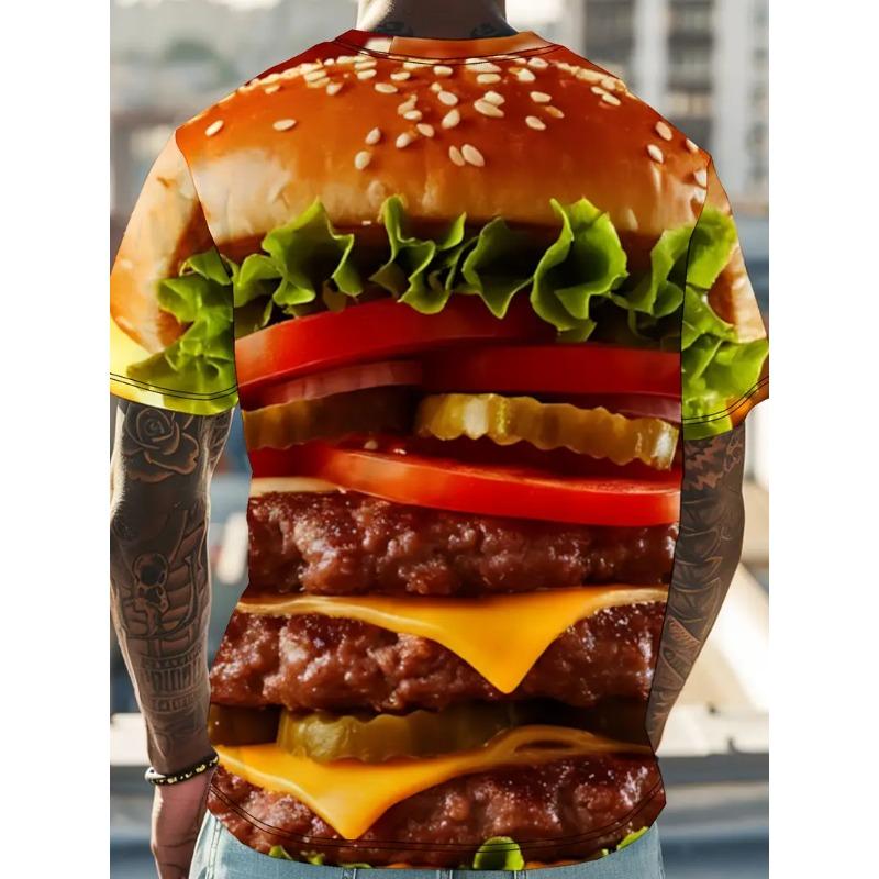 Large Men's French Fries Hamburger Pattern 3D Printed Men's Round Neck Short Sleeved T-shirt Summer Fashion T-shirt Casual Comfortable Versatile Top
