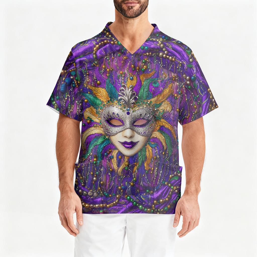 Men's Printing Short Sleeve V-neck Working Blouse Chest Pocket Carer Top