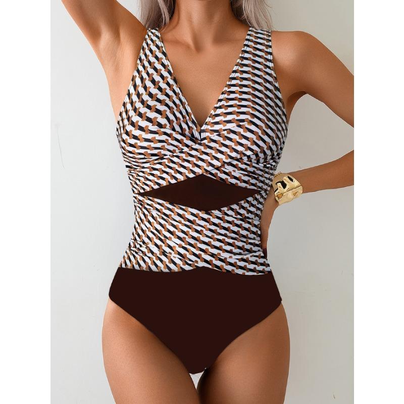 Women's Black White Color Block Cross Ruched One Piece Swimsuit