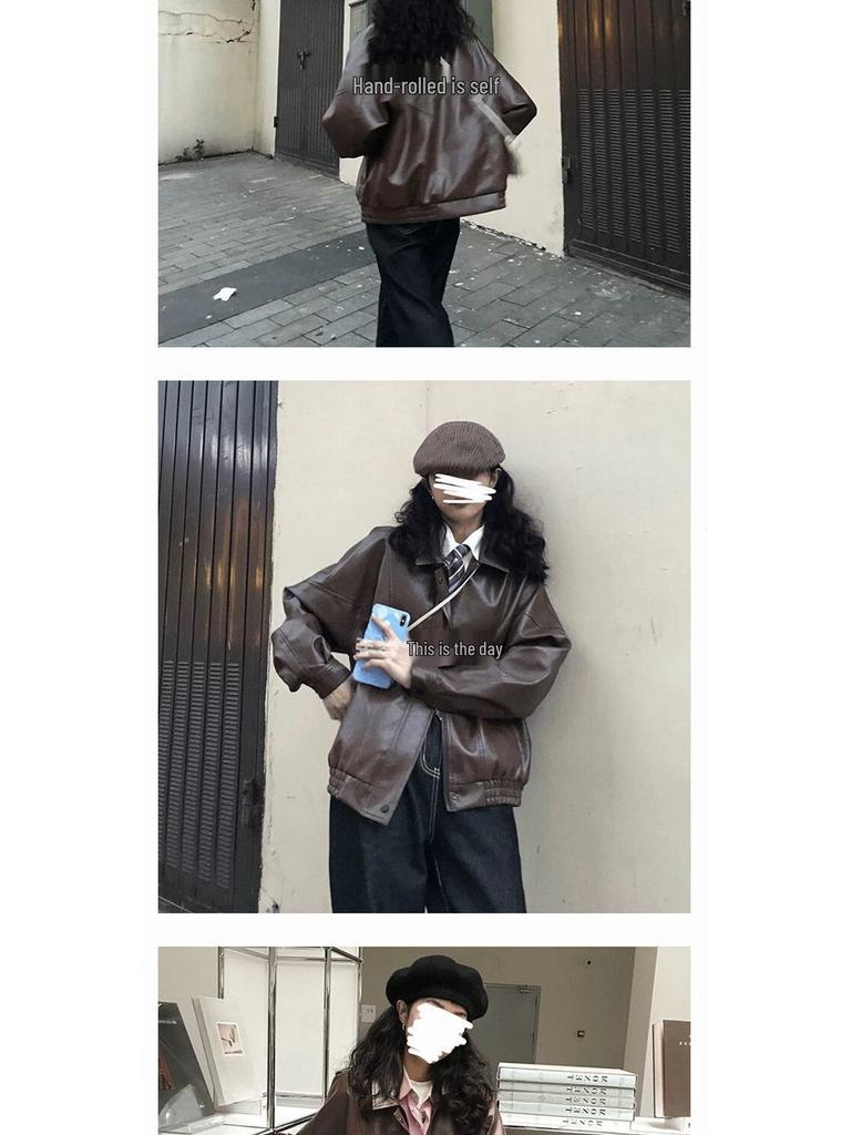 Women's Retro Brown & Black Leather Motorcycle Jacket - Spring/Autumn Loose Outerwear