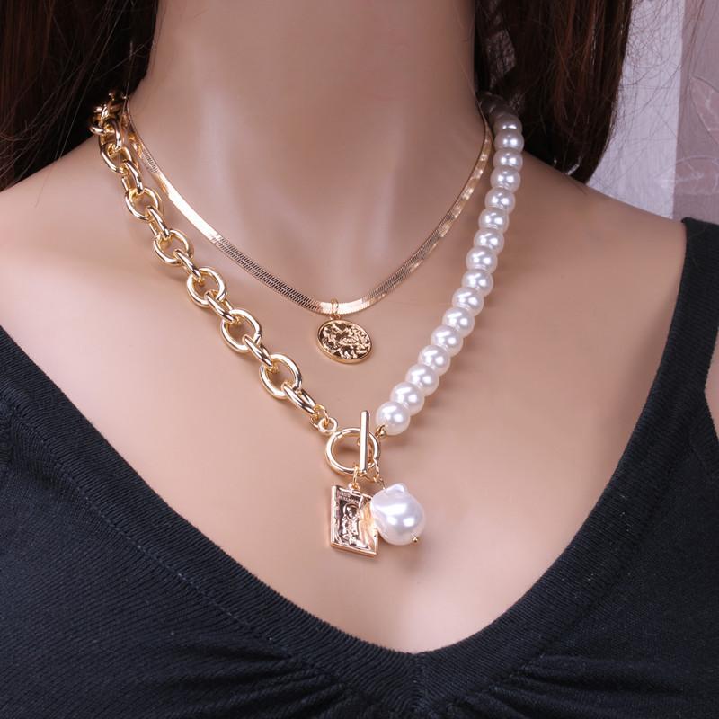 Fashion Chain Pearl Necklace For Women Baroque Pearl Metal Charm Pendant Necklaces Choker Snake Chain Zircon Gold Copper Color