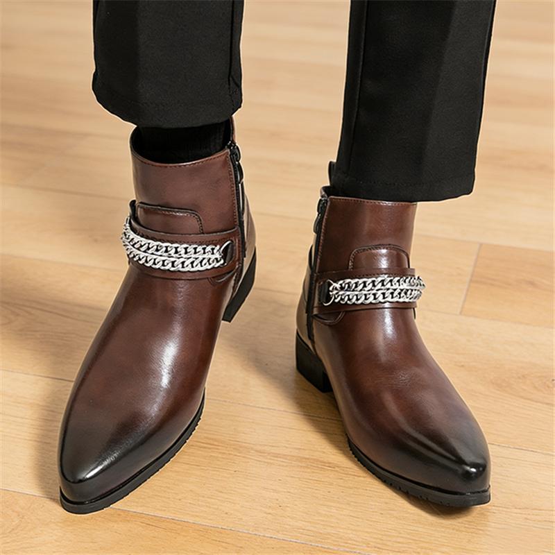 Winter Fashion New Men's Metal Chain Pointed Casual Chelsea Ankle Boot Male Black Brown Chelsea Leather Shoes Zapatos Hombre