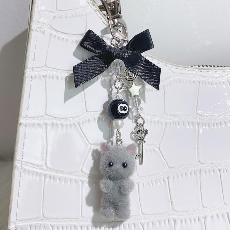 1 Pieza Llavero de Lazo Y2K Lindo Gato de Felpa Dibujos Animados Llavero Para Mujeres Niñas Bolso Mochila Colgante Decoración Regalo