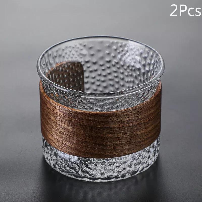 2Pcs/Set Espresso Glass with Wooden Handle Coffee Mug Glasses Whiskey Glass Vodka Shot Glass Beautiful Tea Mugs Cute Mug 2Pcs